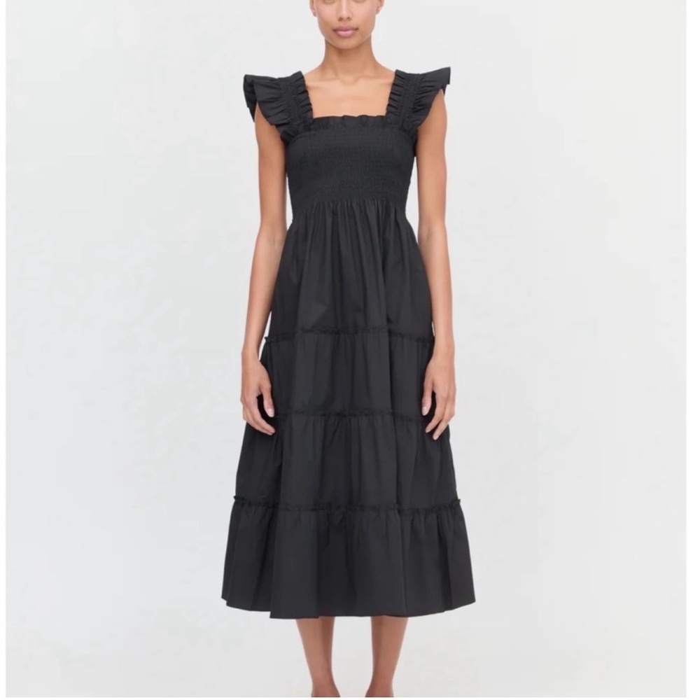 Hill House Ellie Nap Dress Black Cotton Poplin Smocked with Ruffled Straps S